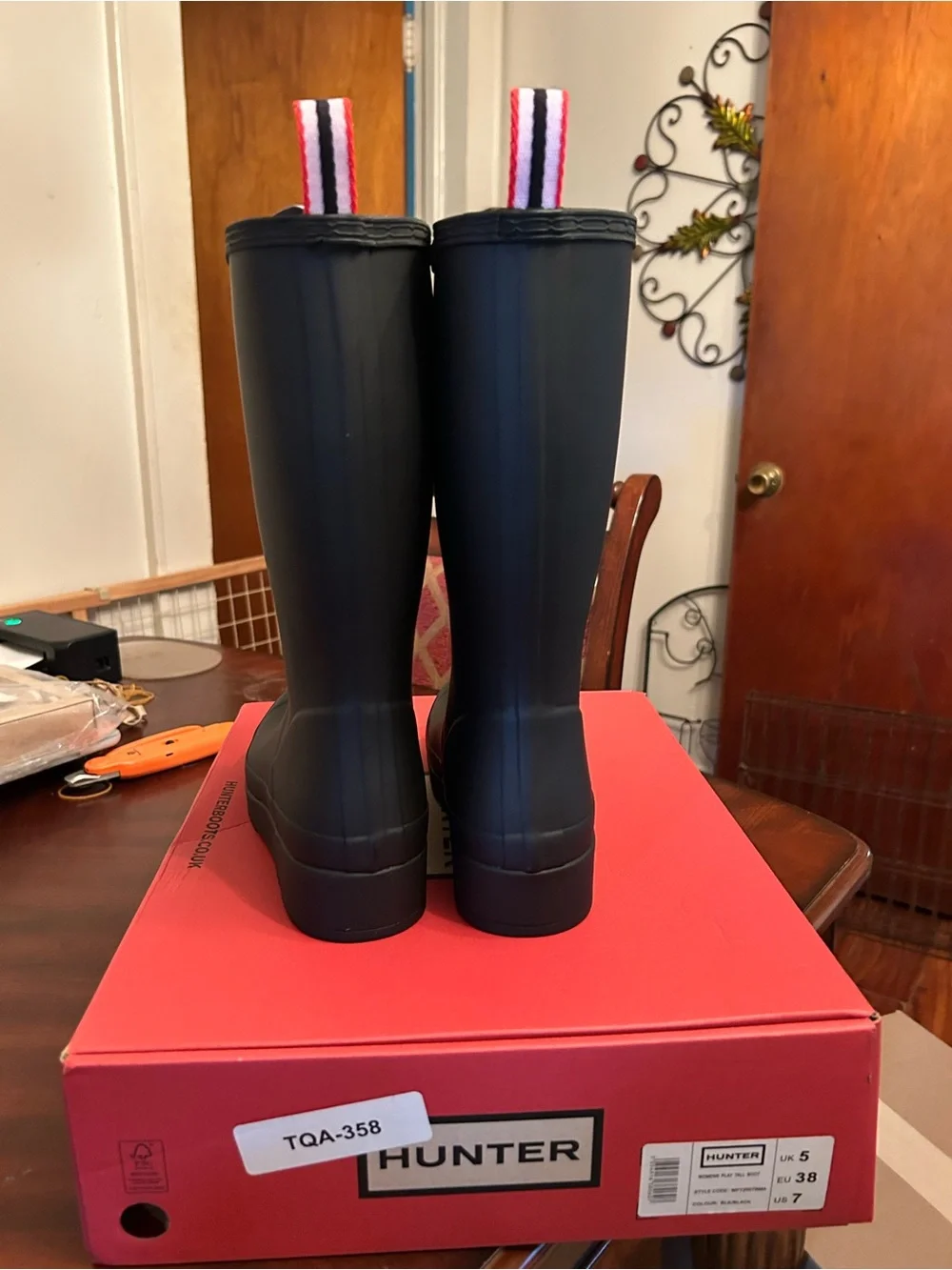 Women’s Hunter Matte Black Mid-Calf Rain Boots with Red-Trim Logo